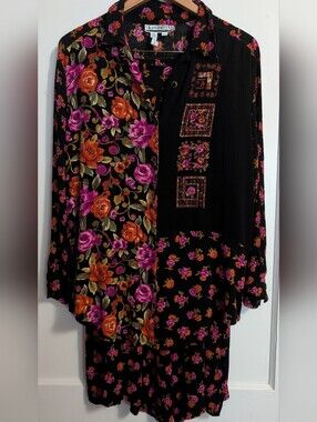 SK & Company Black Floral Blouse And Capri Pants - Pink & Orange Roses